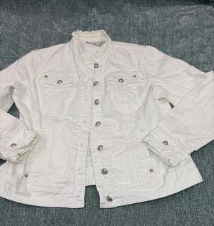 Chico's Platinum White Jean Jacket Ruffle Trim Size 1-Medium